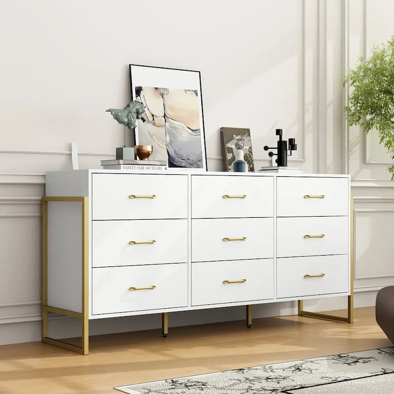 Commode noire et blanche à 9 tiroirs avec poignées dorées, simple