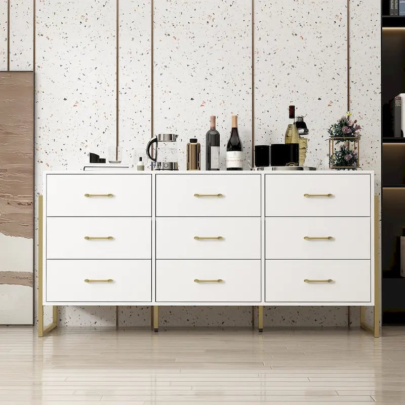 Commode noire et blanche à 9 tiroirs avec poignées dorées, simple