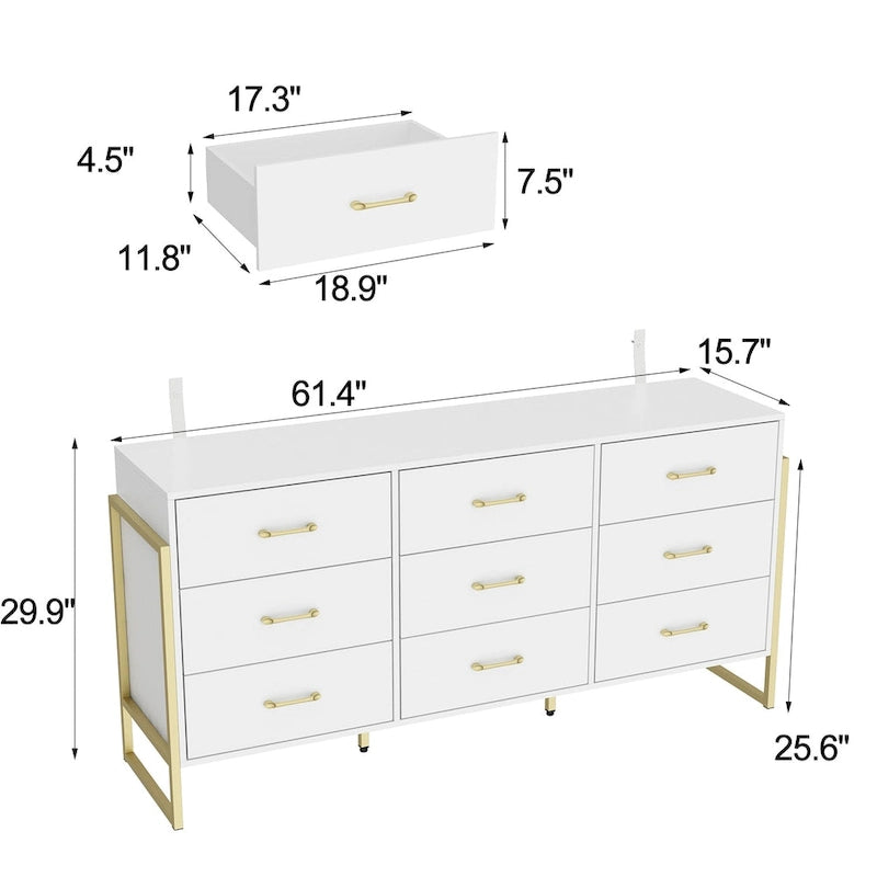 Commode noire et blanche à 9 tiroirs avec poignées dorées, simple