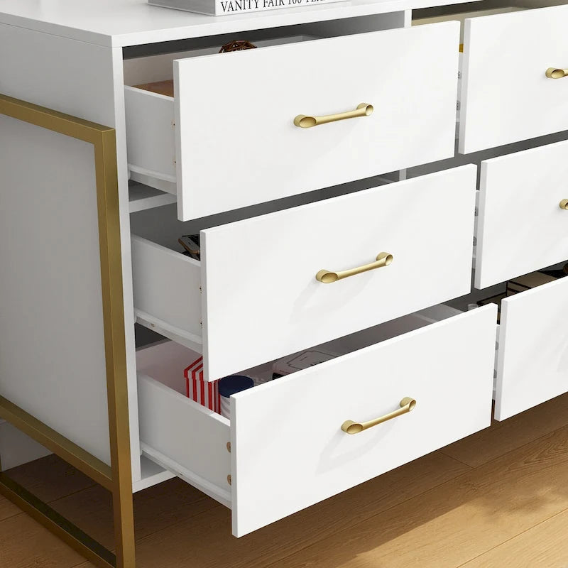 Commode noire et blanche à 9 tiroirs avec poignées dorées, simple