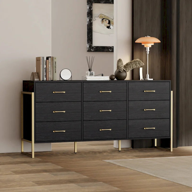Commode noire et blanche à 9 tiroirs avec poignées dorées, simple