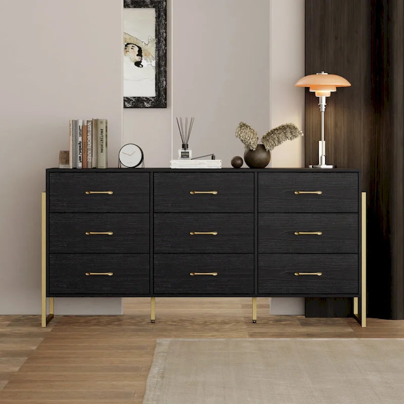 Commode noire et blanche à 9 tiroirs avec poignées dorées, simple