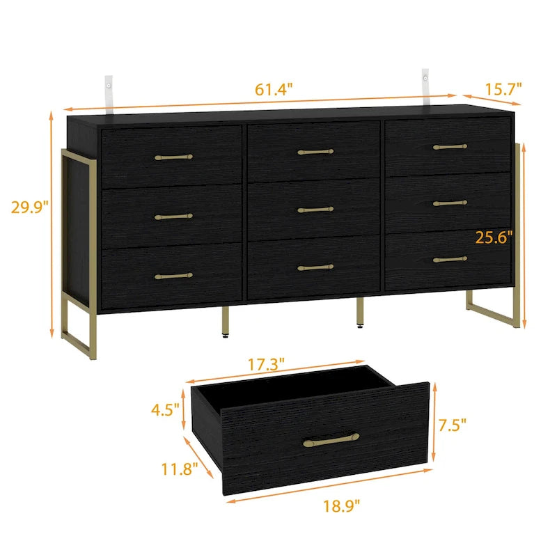 Commode noire et blanche à 9 tiroirs avec poignées dorées, simple