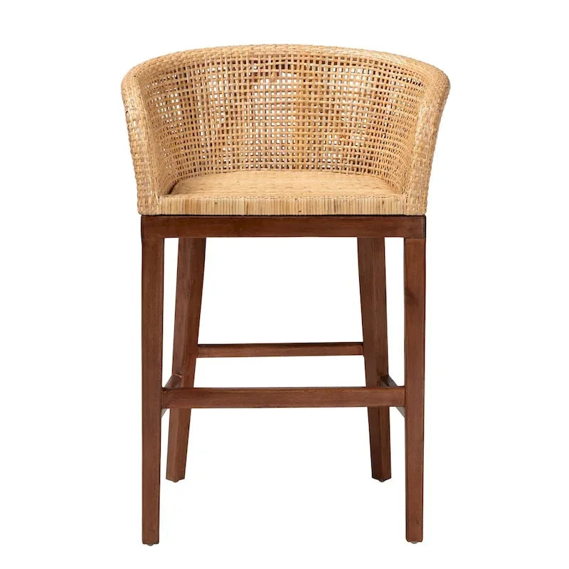 Tabouret de comptoir 1 place en rotin et bois d'acacia noyer/blanc antique