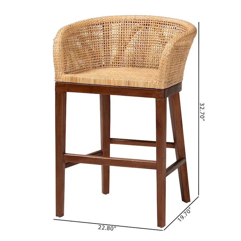 Tabouret de comptoir 1 place en rotin et bois d'acacia noyer/blanc antique