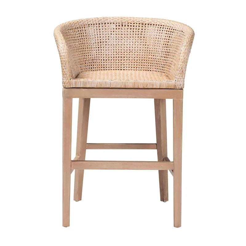 Tabouret de comptoir 1 place en rotin et bois d'acacia noyer/blanc antique