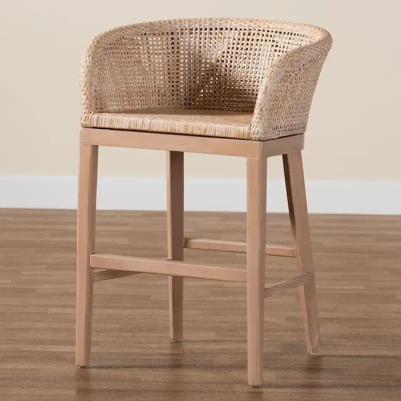 Tabouret de comptoir 1 place en rotin et bois d'acacia noyer/blanc antique