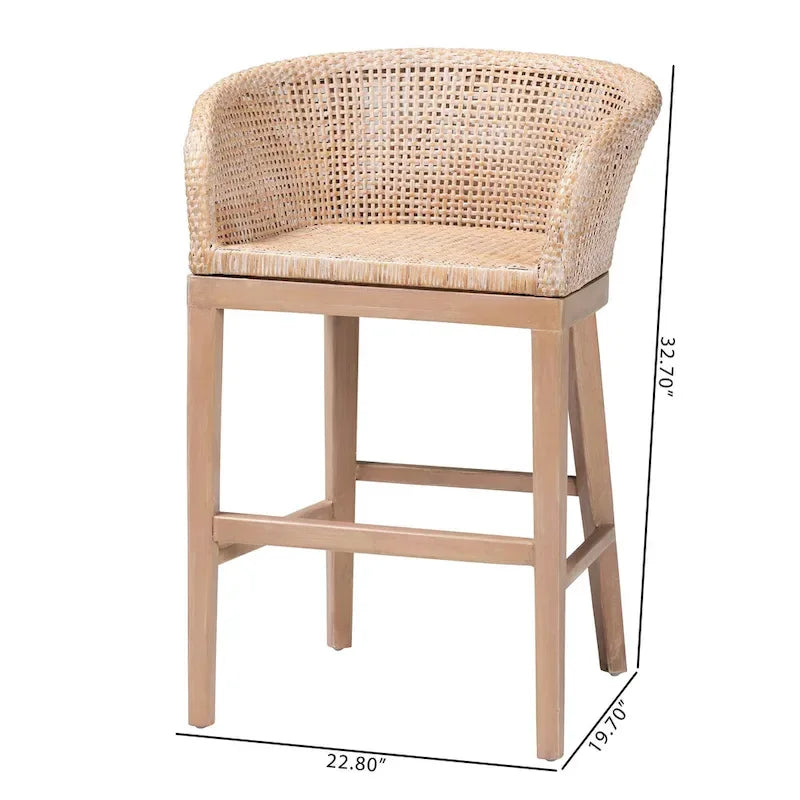 Tabouret de comptoir 1 place en rotin et bois d'acacia noyer/blanc antique