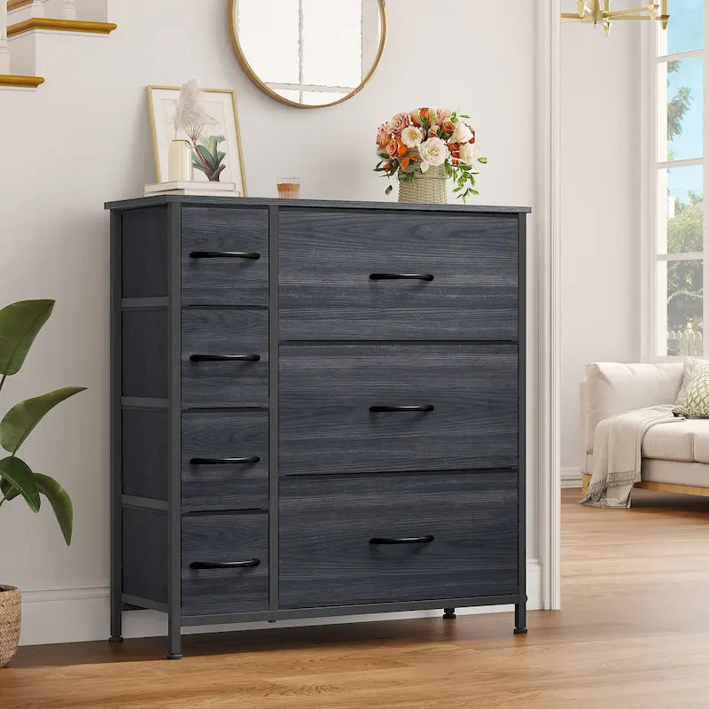Commode en tissu à 7 tiroirs avec plateau en bois | Grain de bois noir / Gris clair / Gris foncé | 1 à 2 personnes
