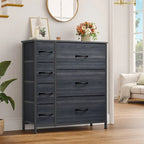 Commode en tissu à 7 tiroirs avec plateau en bois | Grain de bois noir / Gris clair / Gris foncé | 1 à 2 personnes