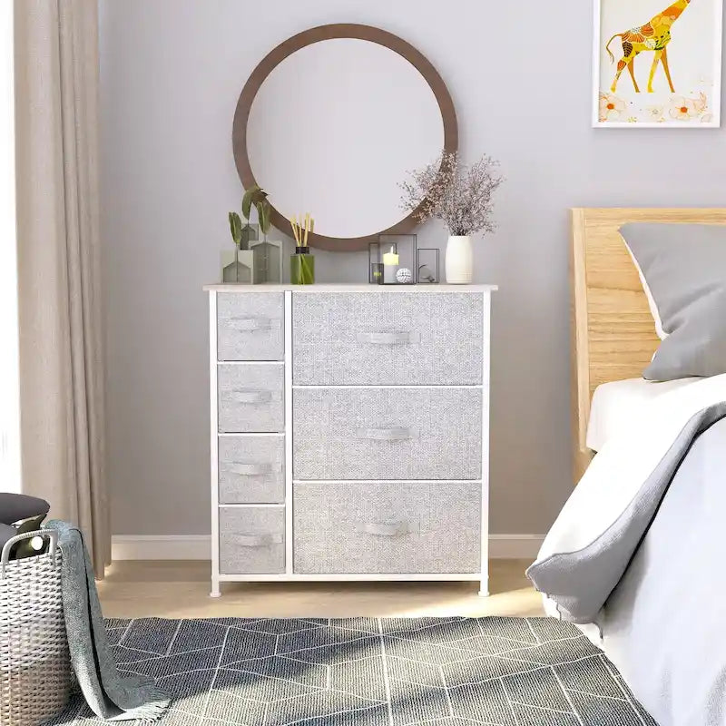 Commode en tissu à 7 tiroirs avec plateau en bois | Grain de bois noir / Gris clair / Gris foncé | 1 à 2 personnes
