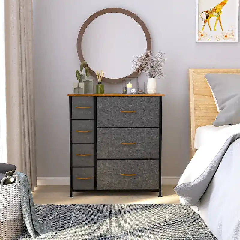 Commode en tissu à 7 tiroirs avec plateau en bois | Grain de bois noir / Gris clair / Gris foncé | 1 à 2 personnes