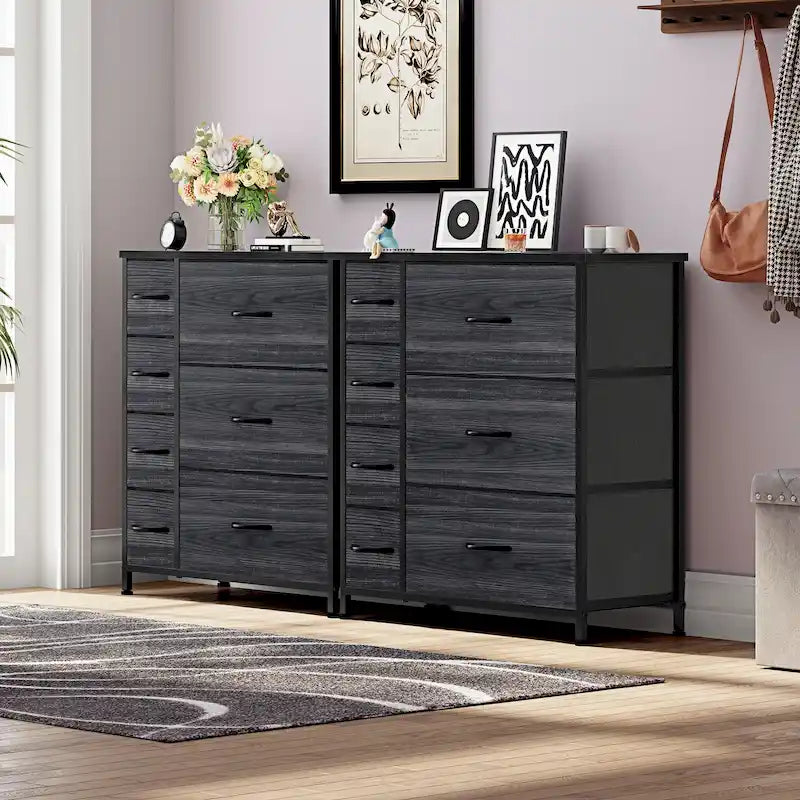 Commode en tissu à 7 tiroirs avec plateau en bois | Grain de bois noir / Gris clair / Gris foncé | 1 à 2 personnes