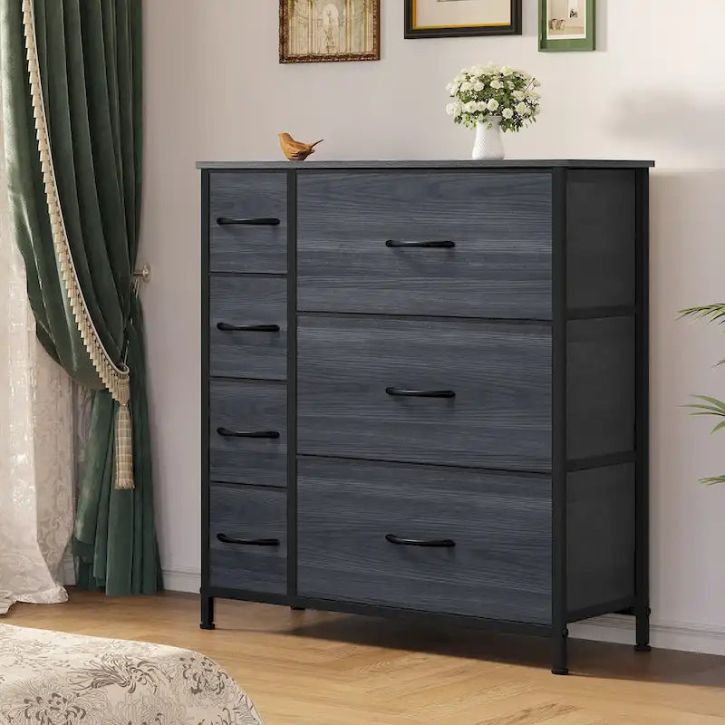 Commode en tissu à 7 tiroirs avec plateau en bois | Grain de bois noir / Gris clair / Gris foncé | 1 à 2 personnes
