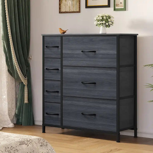 Commode en tissu à 7 tiroirs avec plateau en bois | Grain de bois noir / Gris clair / Gris foncé | 1 à 2 personnes
