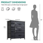 Commode en tissu à 7 tiroirs avec plateau en bois | Grain de bois noir / Gris clair / Gris foncé | 1 à 2 personnes