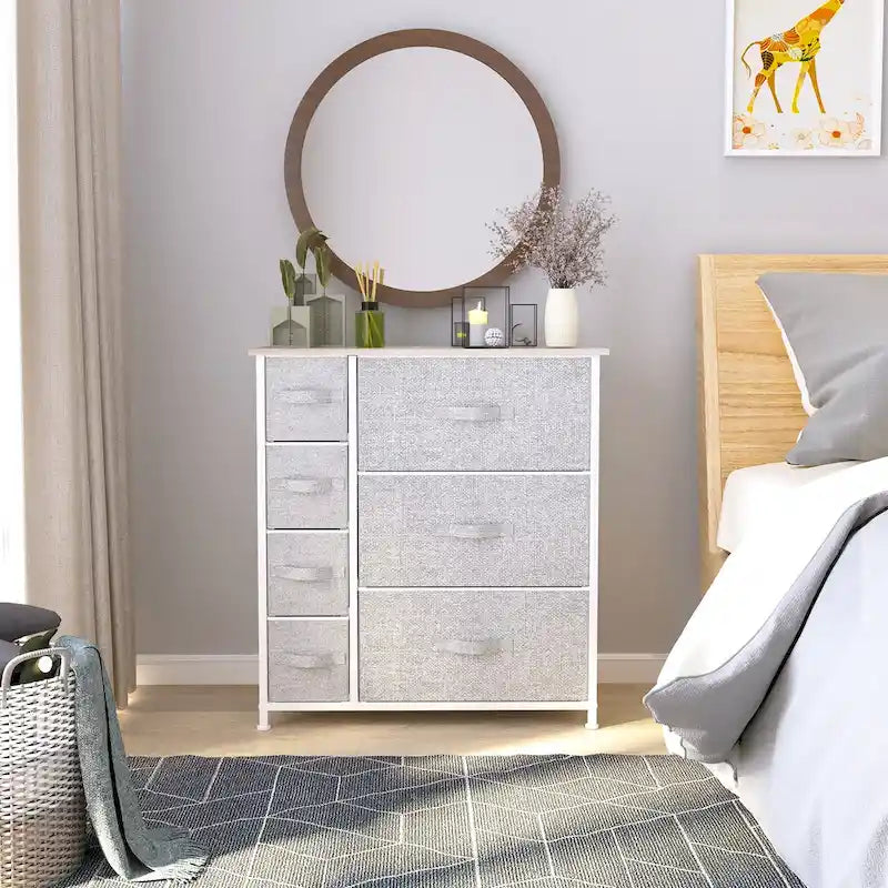 Commode en tissu à 7 tiroirs avec plateau en bois | Grain de bois noir / Gris clair / Gris foncé | 1 à 2 personnes