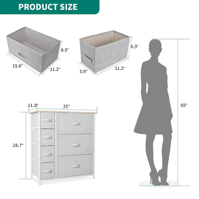 Commode en tissu à 7 tiroirs avec plateau en bois | Grain de bois noir / Gris clair / Gris foncé | 1 à 2 personnes