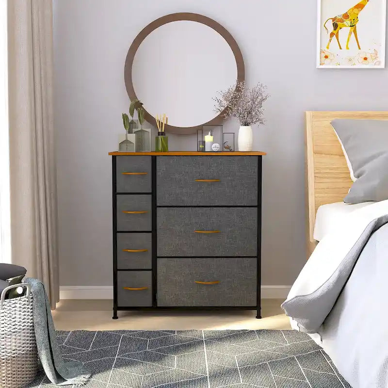 Commode en tissu à 7 tiroirs avec plateau en bois | Grain de bois noir / Gris clair / Gris foncé | 1 à 2 personnes