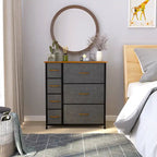 Commode en tissu à 7 tiroirs avec plateau en bois | Grain de bois noir / Gris clair / Gris foncé | 1 à 2 personnes