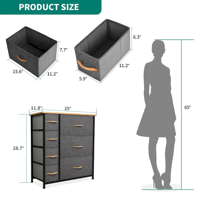 Commode en tissu à 7 tiroirs avec plateau en bois | Grain de bois noir / Gris clair / Gris foncé | 1 à 2 personnes