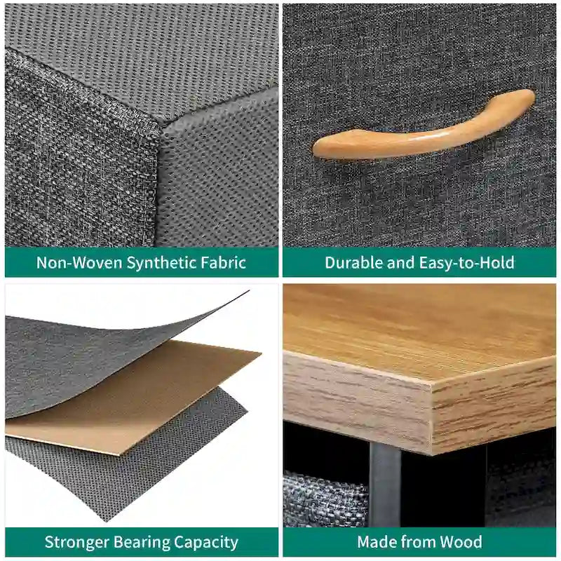 Commode en tissu à 7 tiroirs avec plateau en bois | Grain de bois noir / Gris clair / Gris foncé | 1 à 2 personnes
