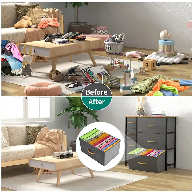 Commode en tissu à 7 tiroirs avec plateau en bois | Grain de bois noir / Gris clair / Gris foncé | 1 à 2 personnes