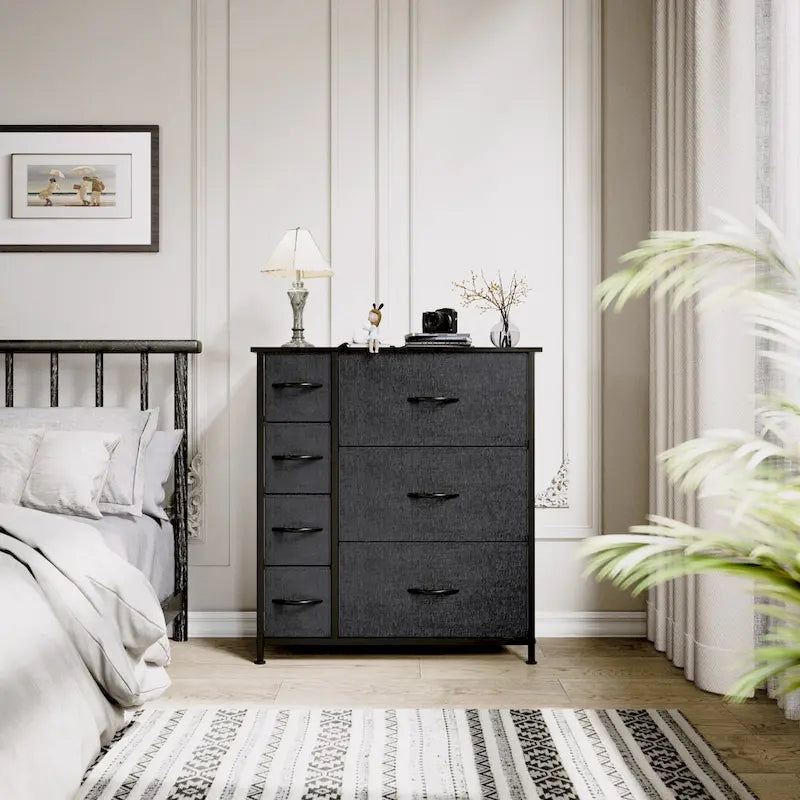 Commode en tissu à 7 tiroirs avec plateau en bois | Grain de bois noir / Gris clair / Gris foncé | 1 à 2 personnes