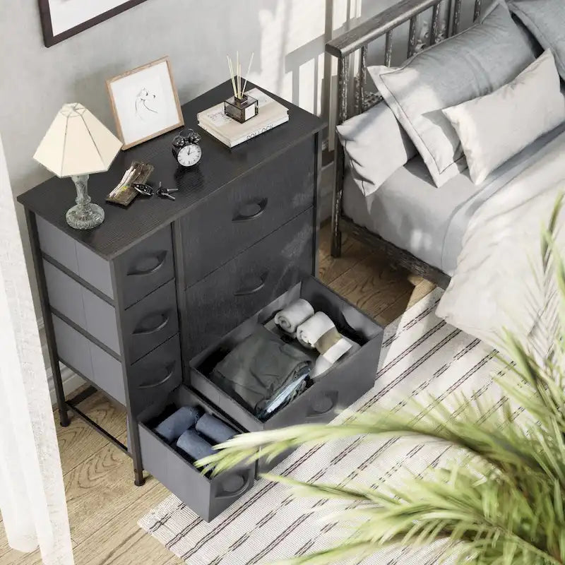 Commode en tissu à 7 tiroirs avec plateau en bois | Grain de bois noir / Gris clair / Gris foncé | 1 à 2 personnes