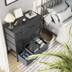 Commode en tissu à 7 tiroirs avec plateau en bois | Grain de bois noir / Gris clair / Gris foncé | 1 à 2 personnes