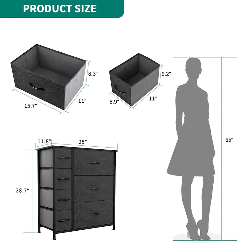 Commode en tissu à 7 tiroirs avec plateau en bois | Grain de bois noir / Gris clair / Gris foncé | 1 à 2 personnes