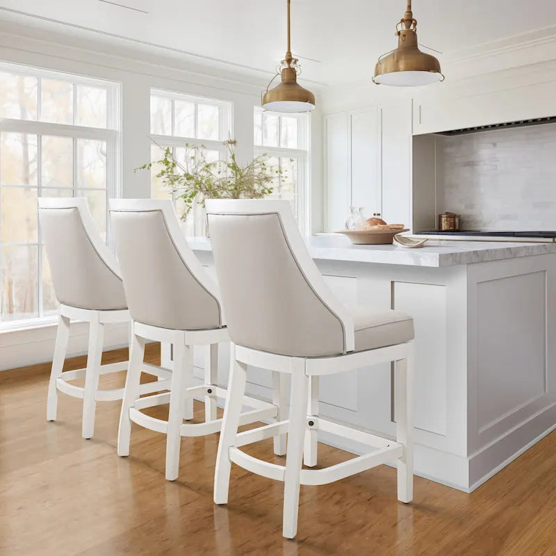 Tabouret de bar pivotant à dossier haut blanc, assise en similicuir gris, 1 personne
