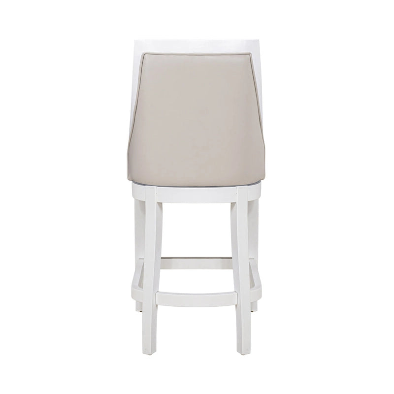Tabouret de bar pivotant à dossier haut blanc, assise en similicuir gris, 1 personne