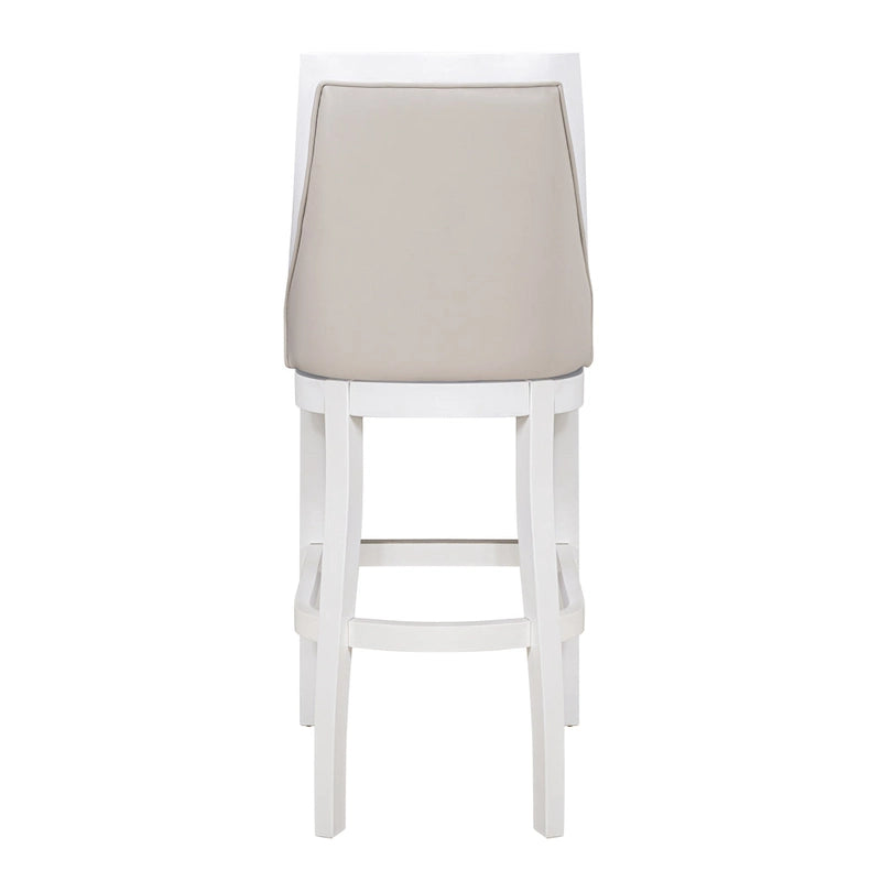 Tabouret de bar pivotant à dossier haut blanc, assise en similicuir gris, 1 personne