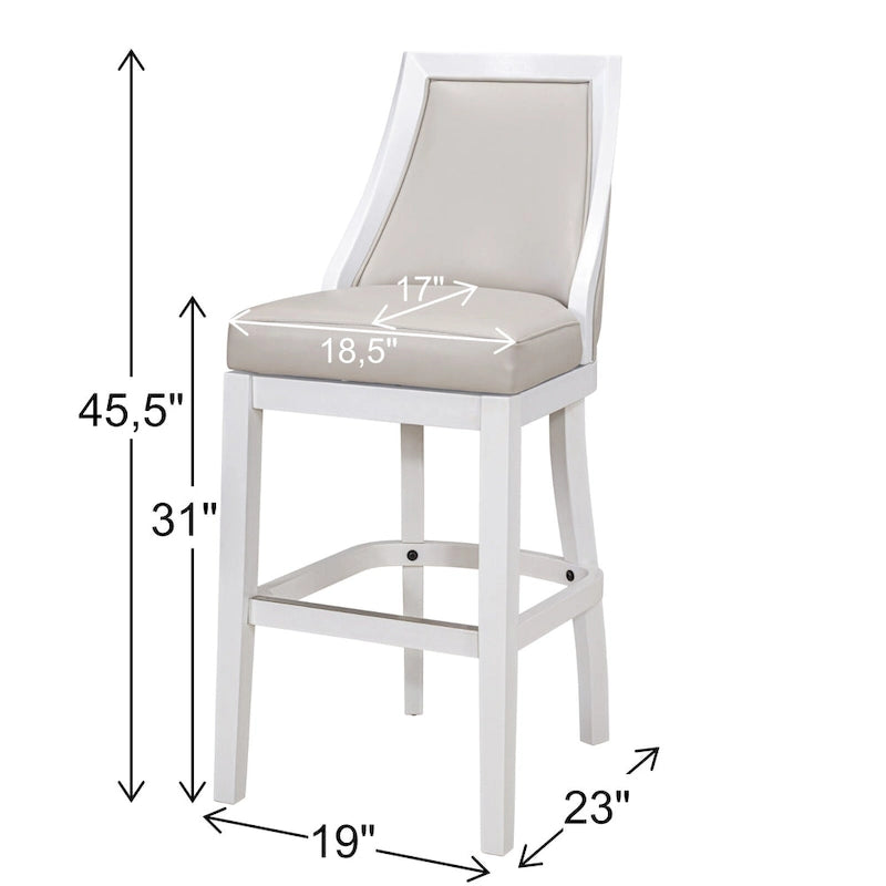 Tabouret de bar pivotant à dossier haut blanc, assise en similicuir gris, 1 personne