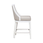 Tabouret de bar pivotant à dossier haut blanc, assise en similicuir gris, 1 personne
