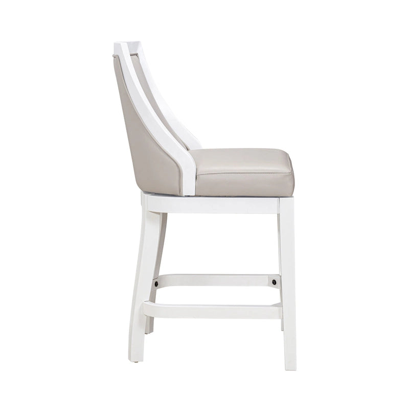 Tabouret de bar pivotant à dossier haut blanc, assise en similicuir gris, 1 personne