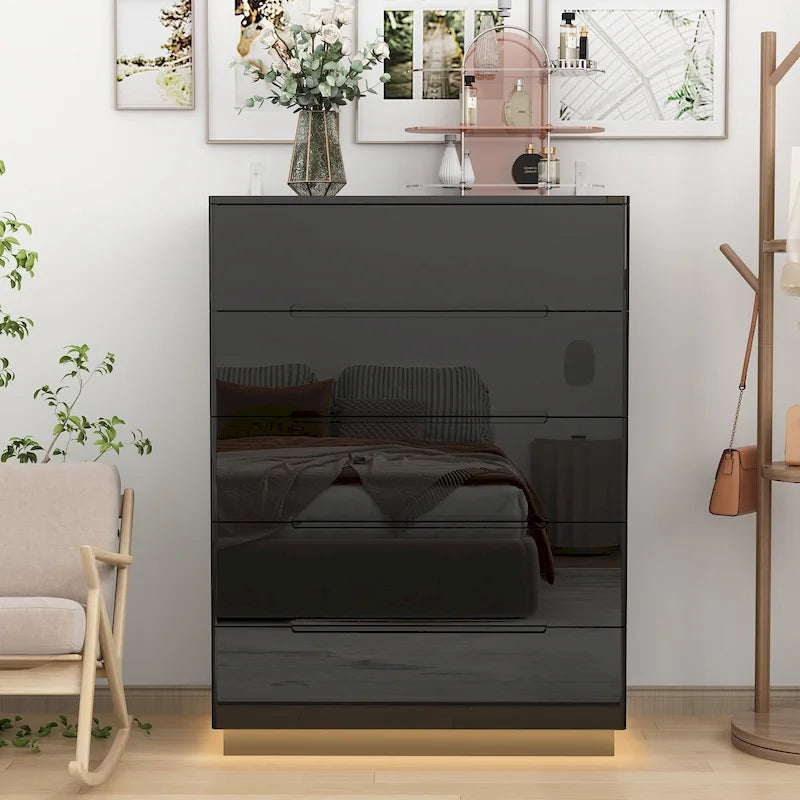 Commode 5 tiroirs blanc/noir très lustré avec éclairage DEL, simple