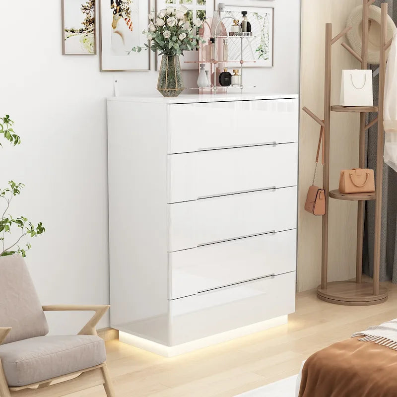 Commode 5 tiroirs blanc/noir très lustré avec éclairage DEL, simple