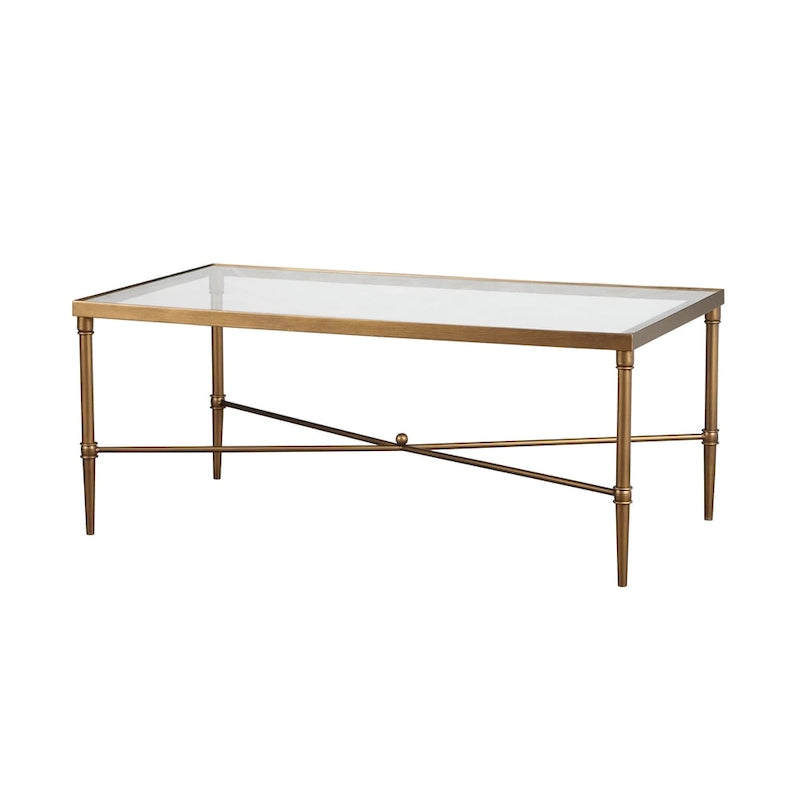 Table basse avec plateau en verre et piètement en X en bronze