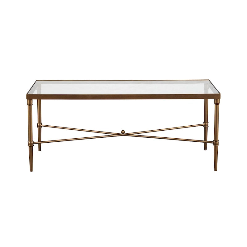 Table basse avec plateau en verre et piètement en X en bronze