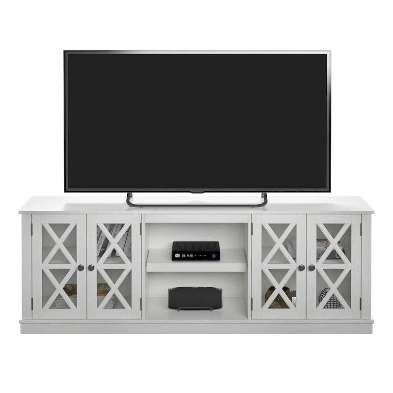 Meuble TV blanc avec porte de grange pour téléviseurs jusqu'à 80 pouces, assemblage par 1 personne