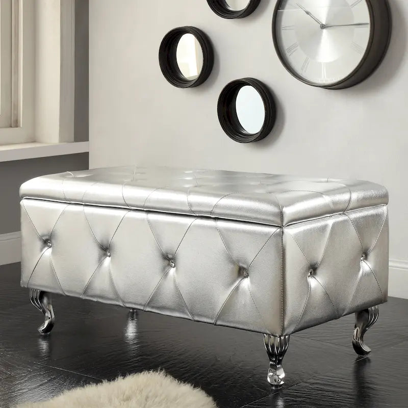 Banc de rangement capitonné avec pieds cabriole, une place (blanc / noir / argent / violet / or / gris)