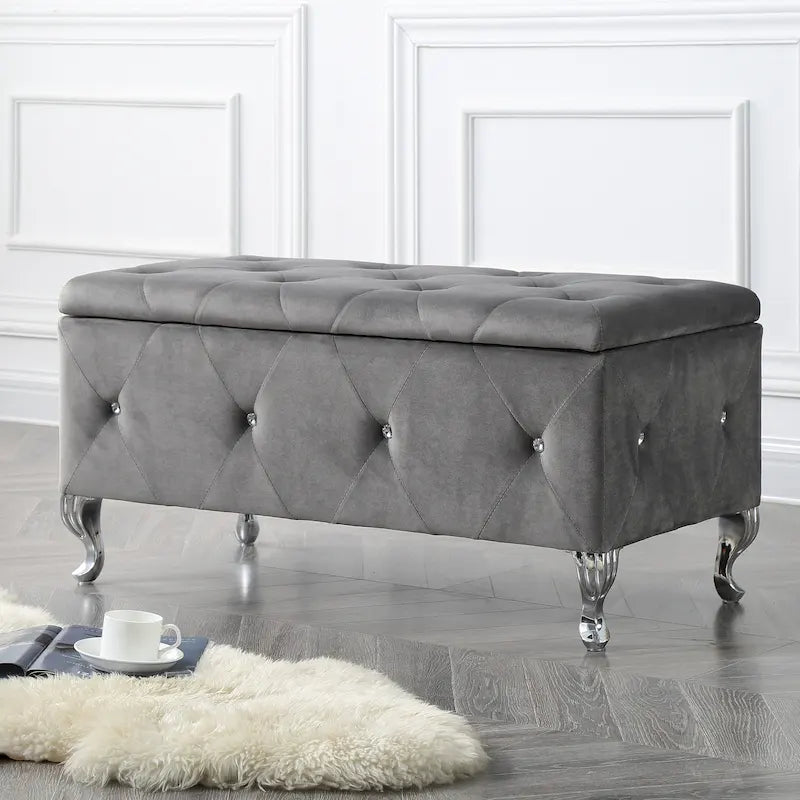 Banc de rangement capitonné avec pieds cabriole, une place (blanc / noir / argent / violet / or / gris)