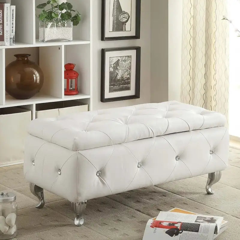 Banc de rangement capitonné avec pieds cabriole, une place (blanc / noir / argent / violet / doré / gris)