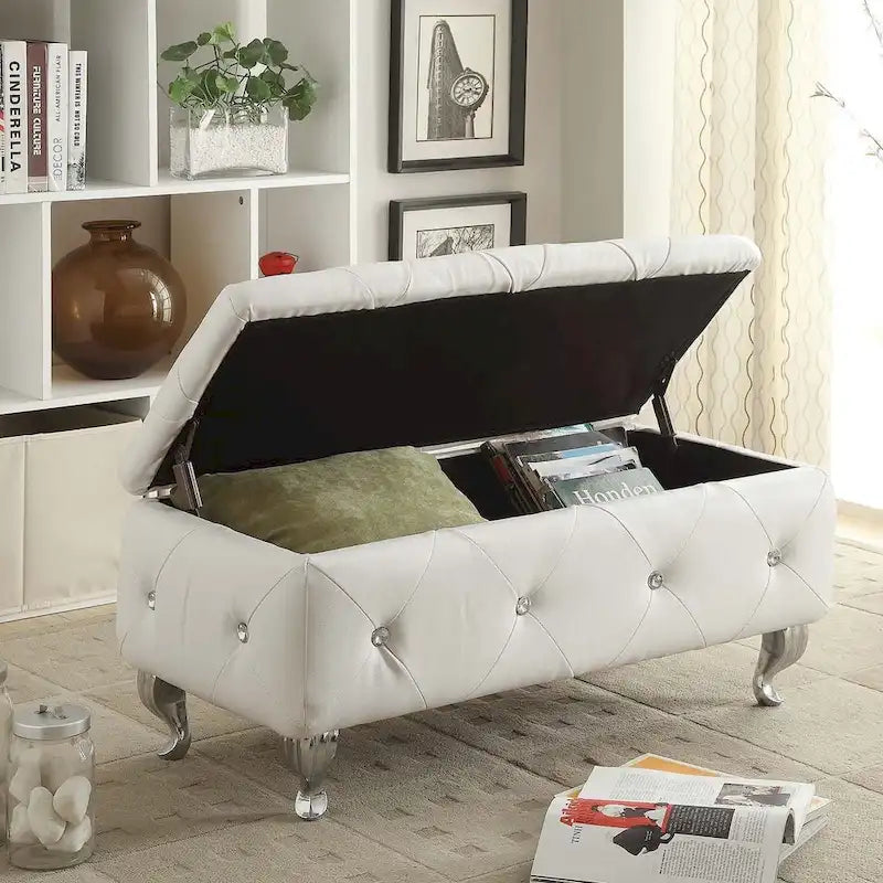Banc de rangement capitonné avec pieds cabriole, une place (blanc / noir / argent / violet / doré / gris)