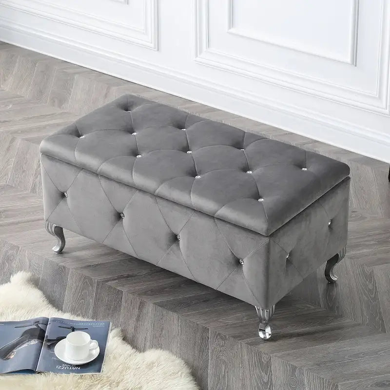 Banc de rangement capitonné avec pieds cabriole, une place (blanc / noir / argent / violet / doré / gris)
