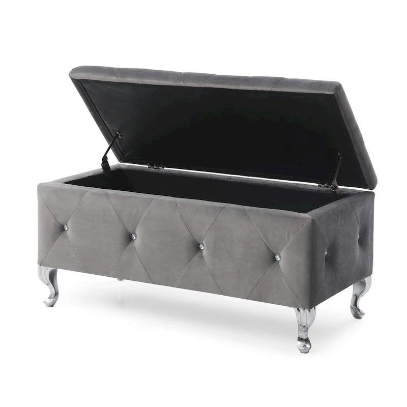 Banc de rangement capitonné avec pieds cabriole, une place (blanc / noir / argent / violet / doré / gris)