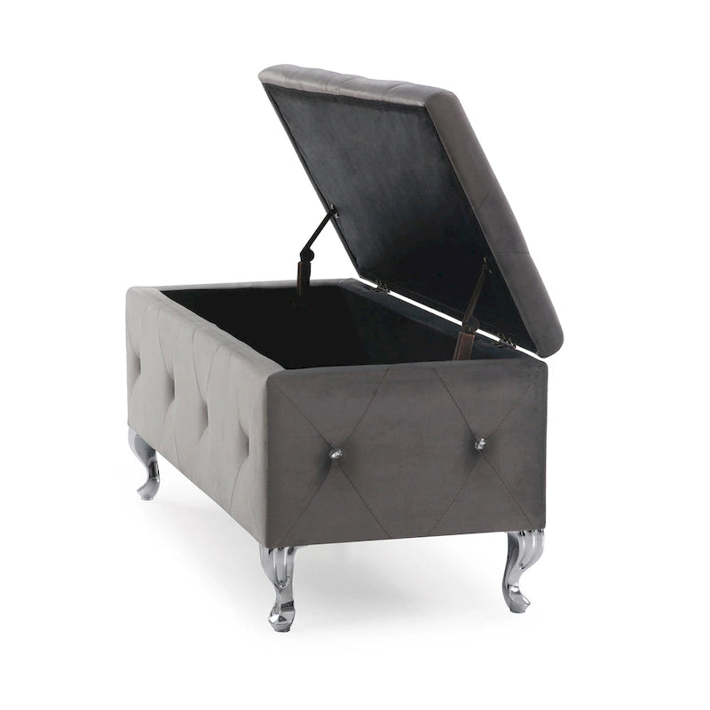 Banc de rangement capitonné avec pieds cabriole, une place (blanc / noir / argent / violet / doré / gris)