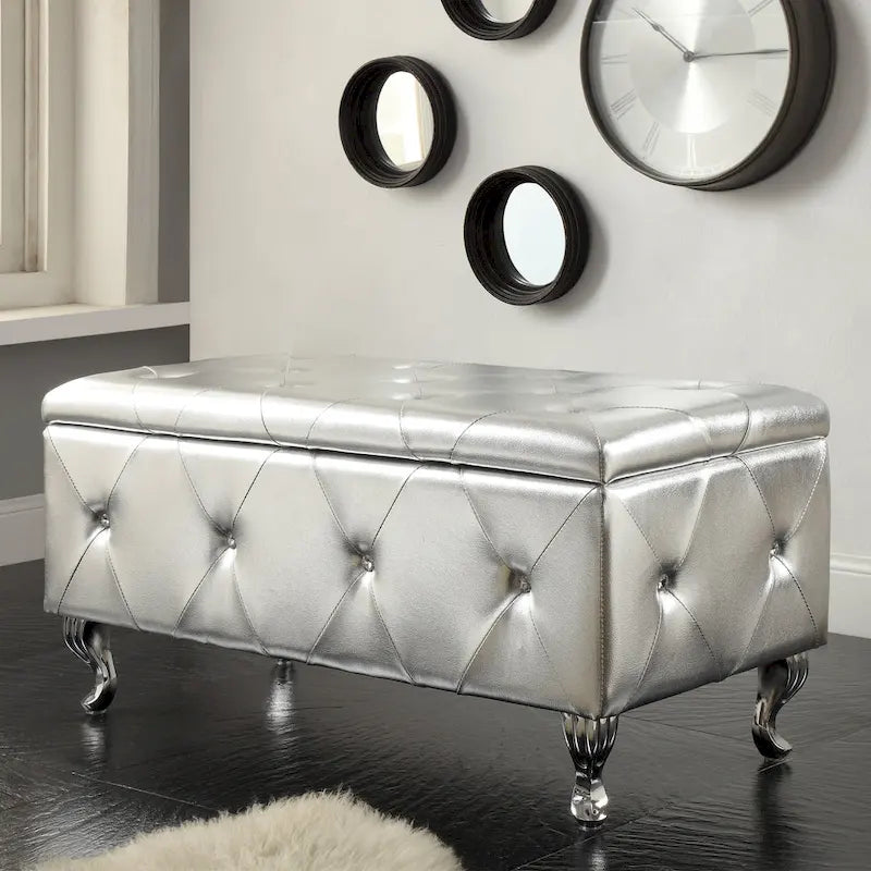 Banc de rangement capitonné avec pieds cabriole, une place (blanc / noir / argent / violet / doré / gris)